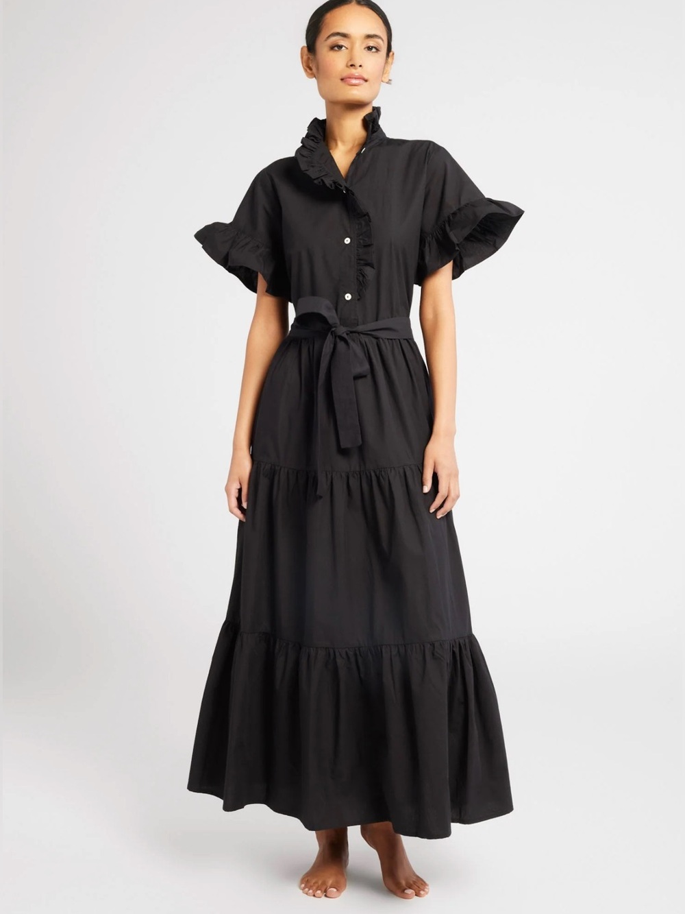 Mille Victoria Black Ruffled Cotton Tiered Maxi Dress